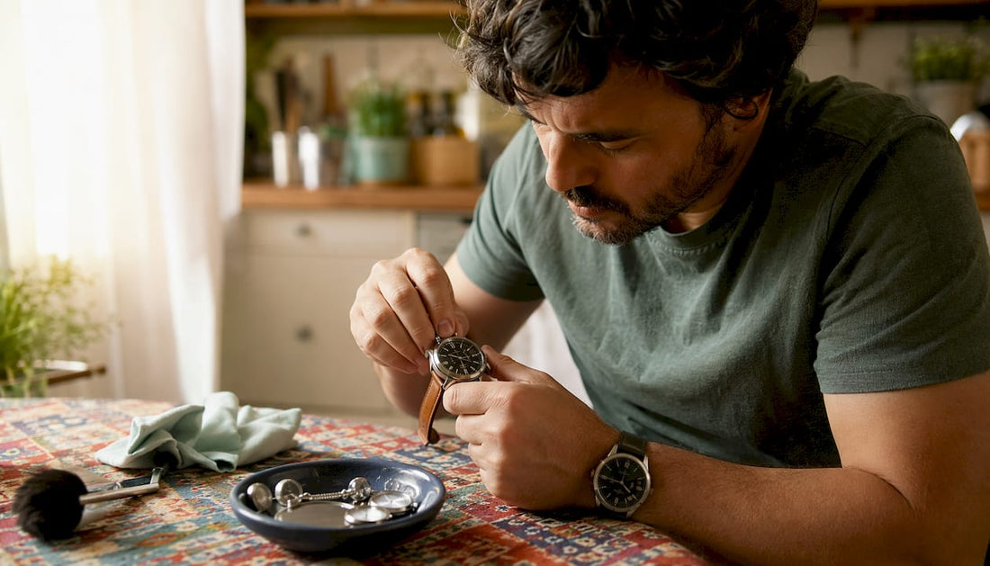 Person cleaning watch crown at home workbench