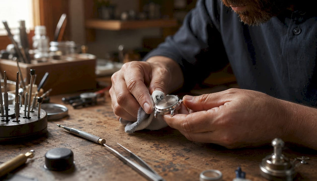 Close-up of hands polishing luxury watch case