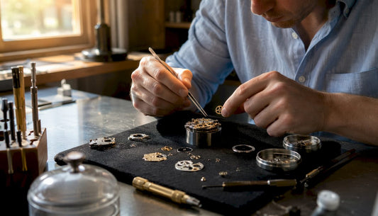 Close-up of watchmaker assembling watch complication