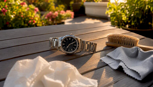 Watch with cleaning tools on wooden table