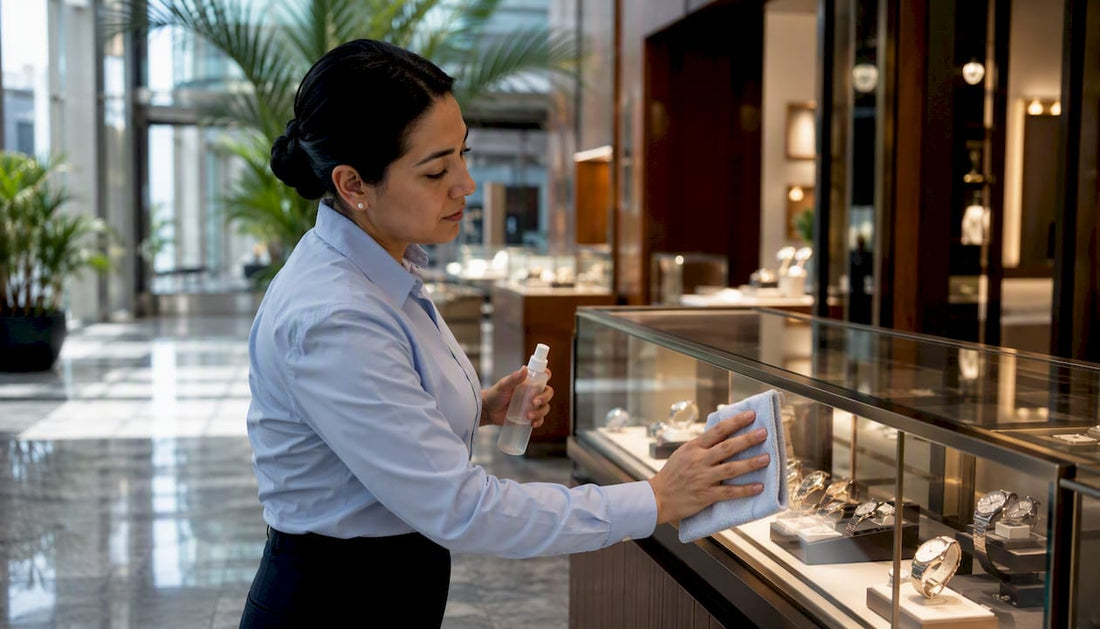 Cleaner wiping luxury watch display case glass
