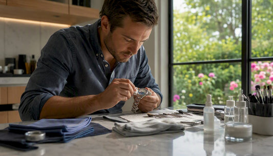 Person cleaning luxury watch with cleaning kit