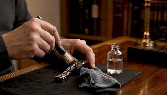 Watch cleaning tools and bracelet close-up