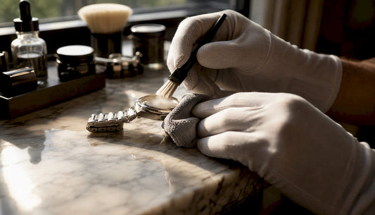Hands cleaning luxury watch with brush and cloth