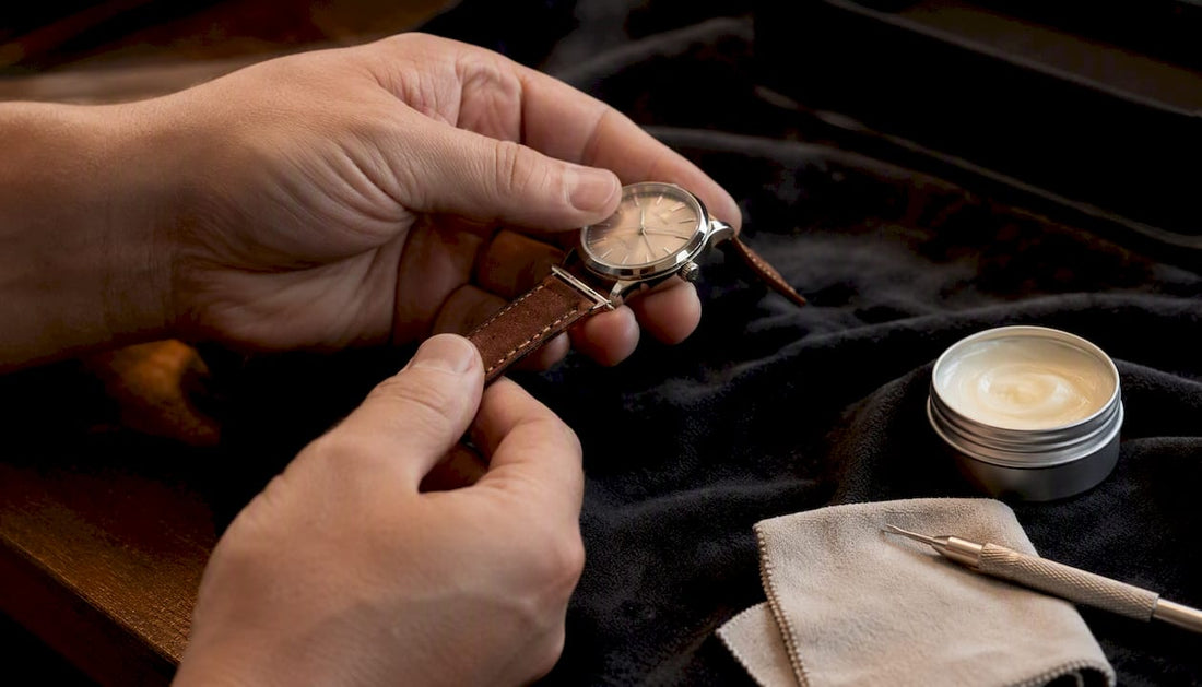 Hands removing leather watch strap for conditioning