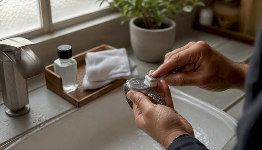 Hands rinsing titanium wristwatch under water
