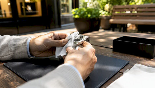 Hands cleaning luxury watch case with microfiber cloth