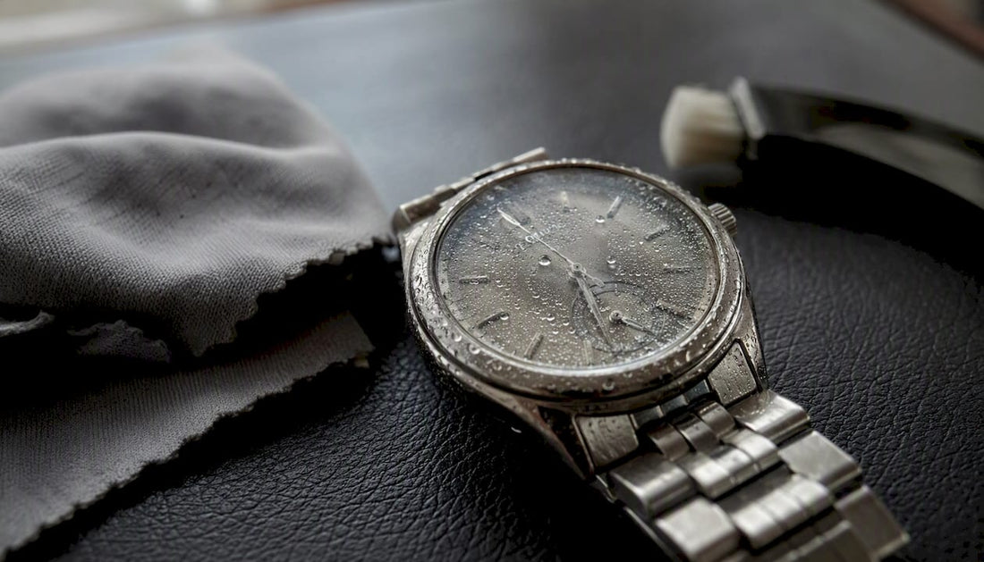 Luxury watch with moisture droplets close-up