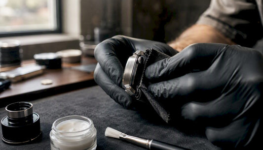 Hands gently cleaning luxury watch case