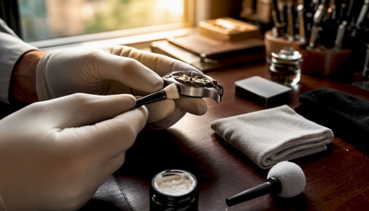 Gloved hands demonstrating watch cleaning technique
