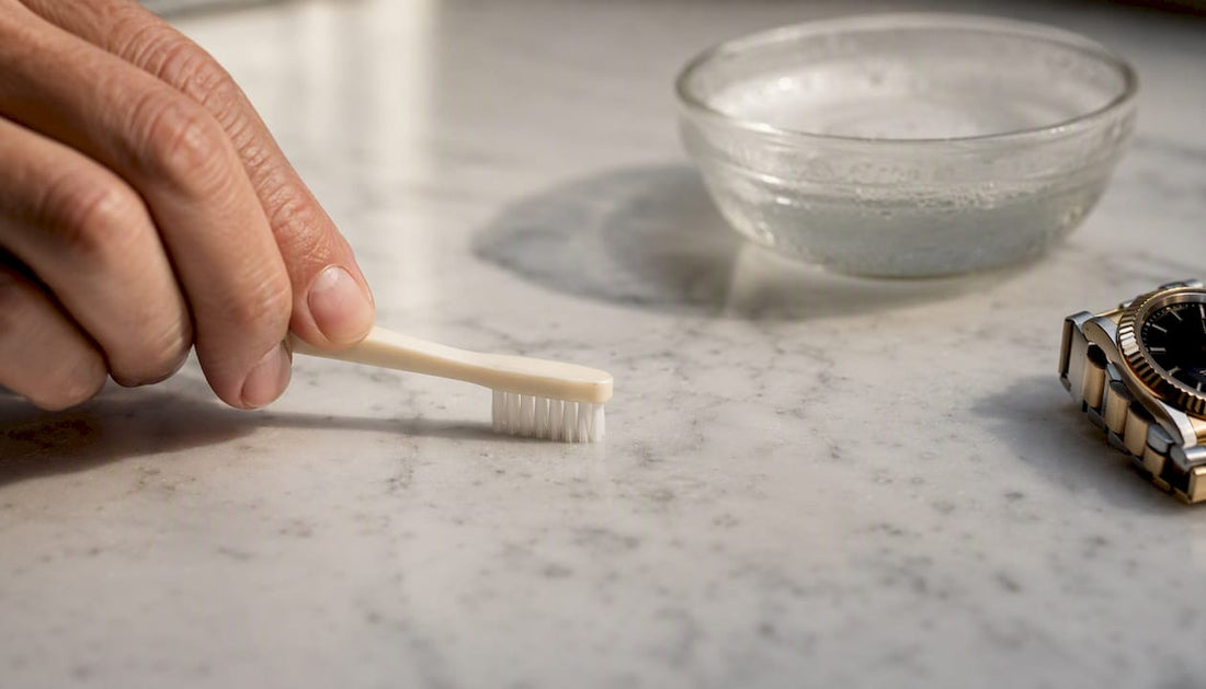 Soft toothbrush being softened for watch cleaning