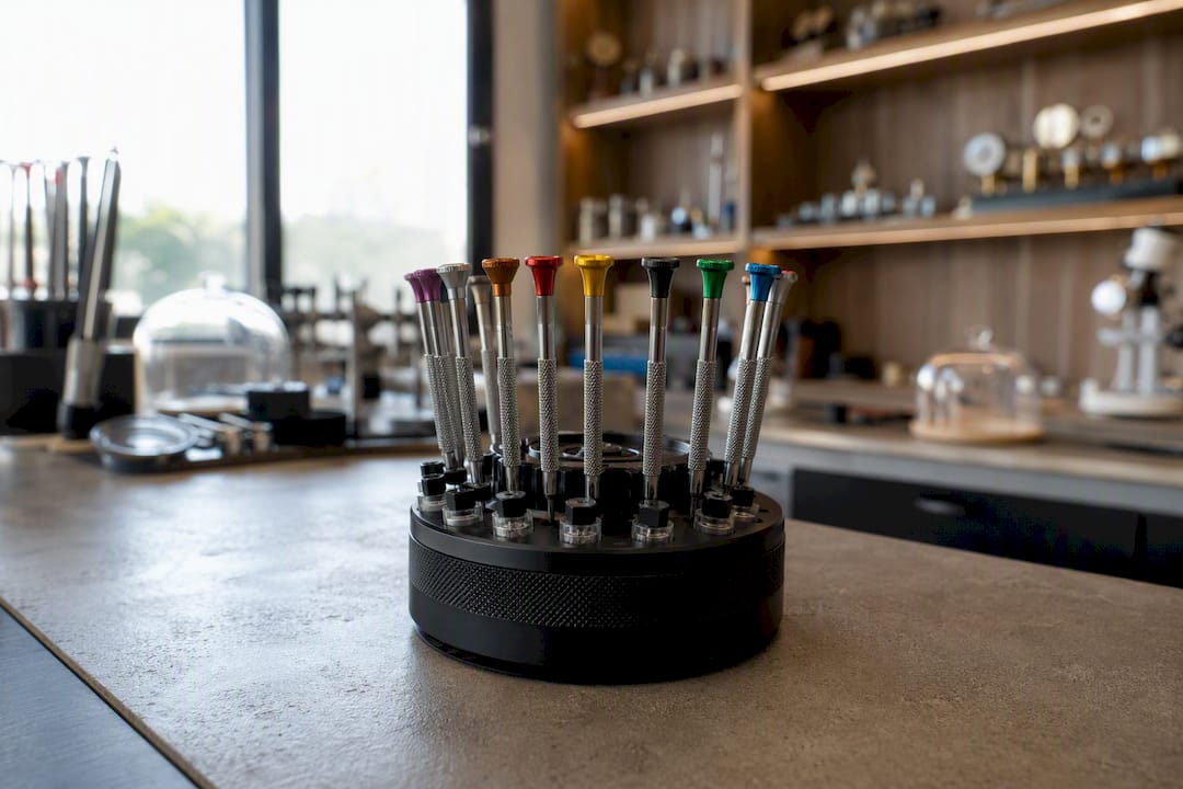 Color-coded watch screwdriver set on rotating stand