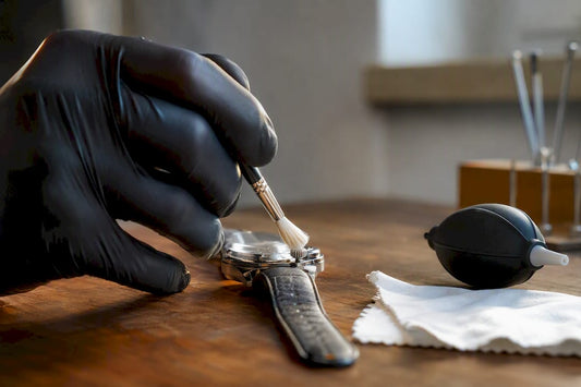 Gloved hand cleaning watch crown gap with brush
