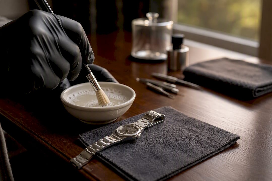 Gloved hand brushing metal watch bracelet
