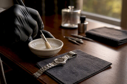 Gloved hand brushing metal watch bracelet