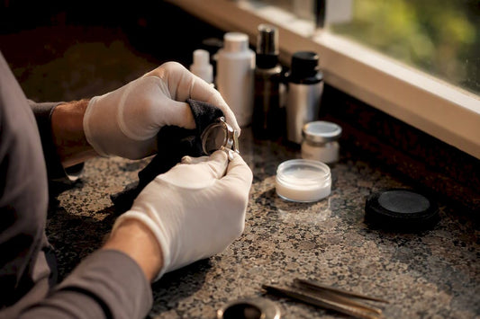 Gloved hand polishing luxury watch metal case