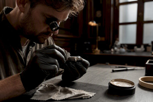 Gloved hand polishing brushed titanium watch case