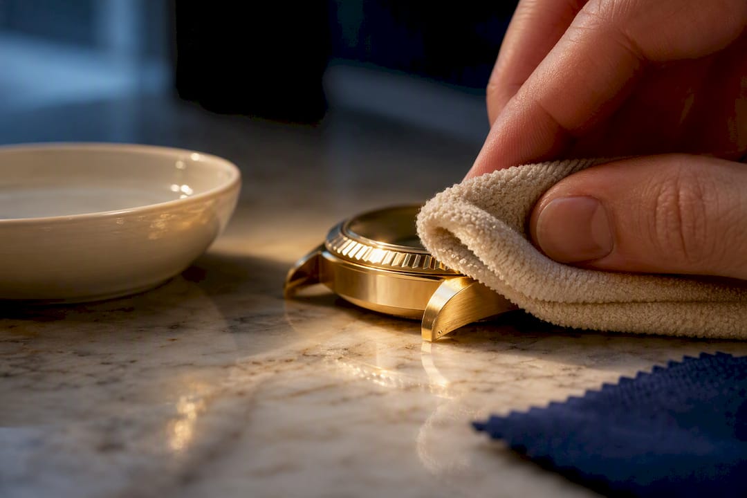 Close-up of gold watch case being wiped