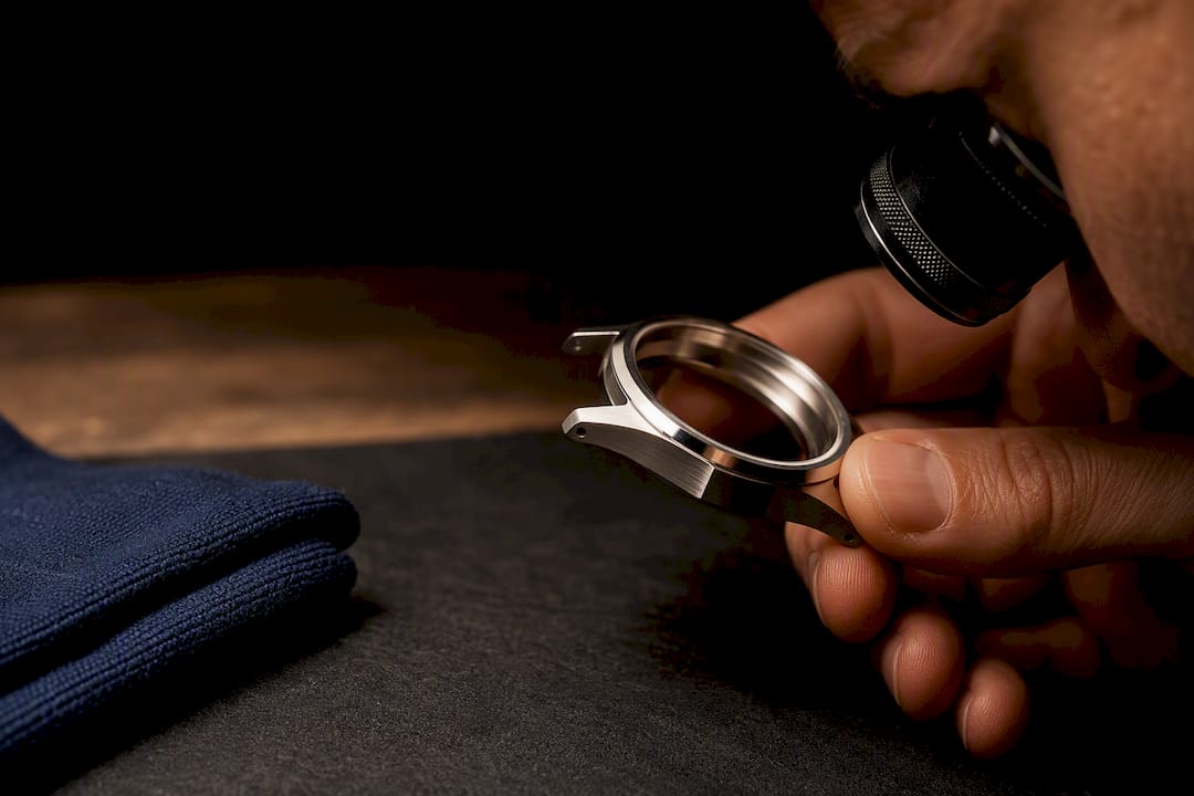 Close-up of watch case geometry under inspection