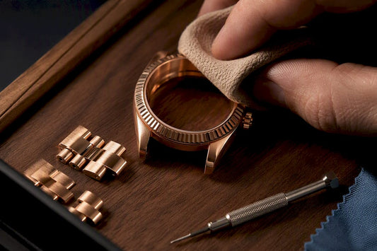 Cropped rose gold case being carefully wiped