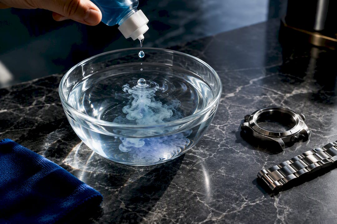Dish soap solution beside watch cleaning tools