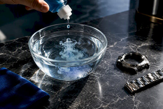 Dish soap solution beside watch cleaning tools