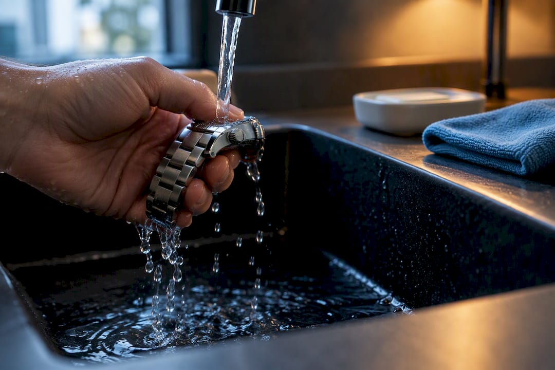 Anonymous waterproof watch being carefully rinsed