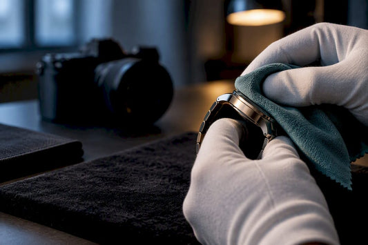Gloved hands cleaning a cropped watch case