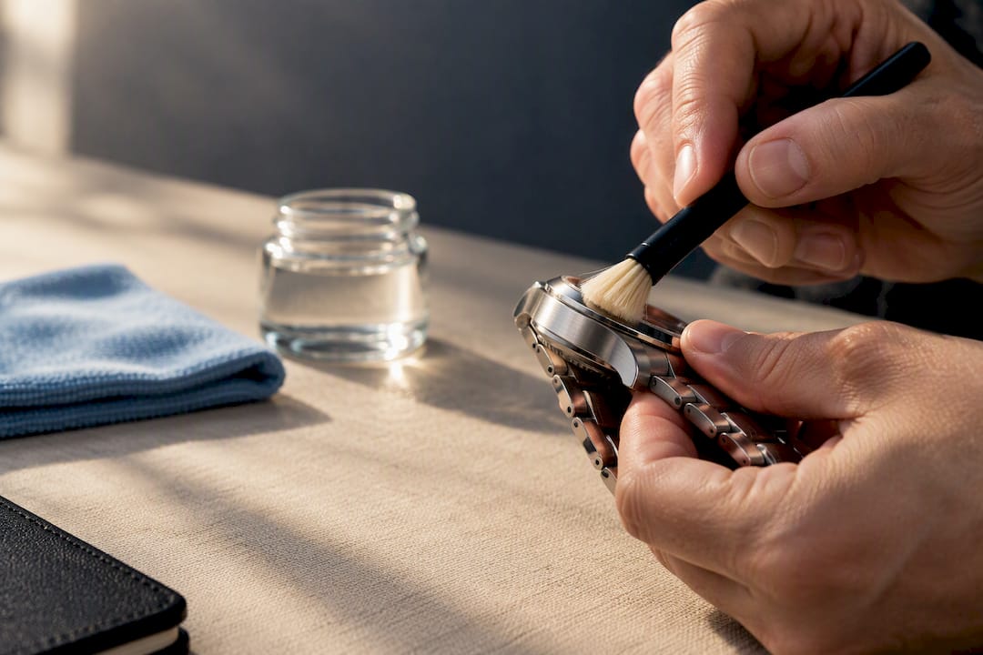 Hands brushing a watch during manual cleaning