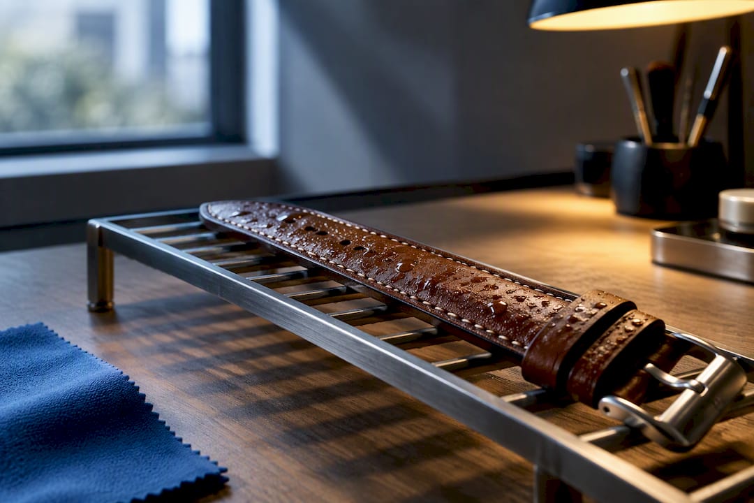 Wet leather strap drying on a watchmaker's rack