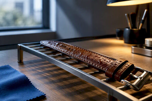 Wet leather strap drying on a watchmaker's rack