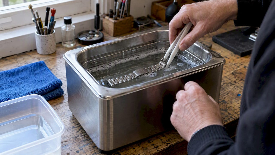 Watch bracelet submerged in ultrasonic cleaner