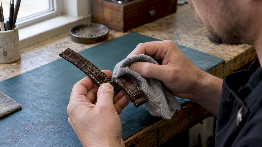 Hand gently wiping a dry alligator strap