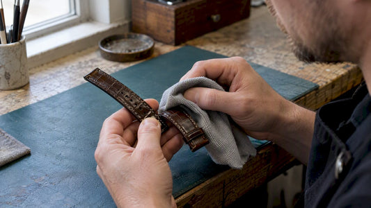 Hand gently wiping a dry alligator strap