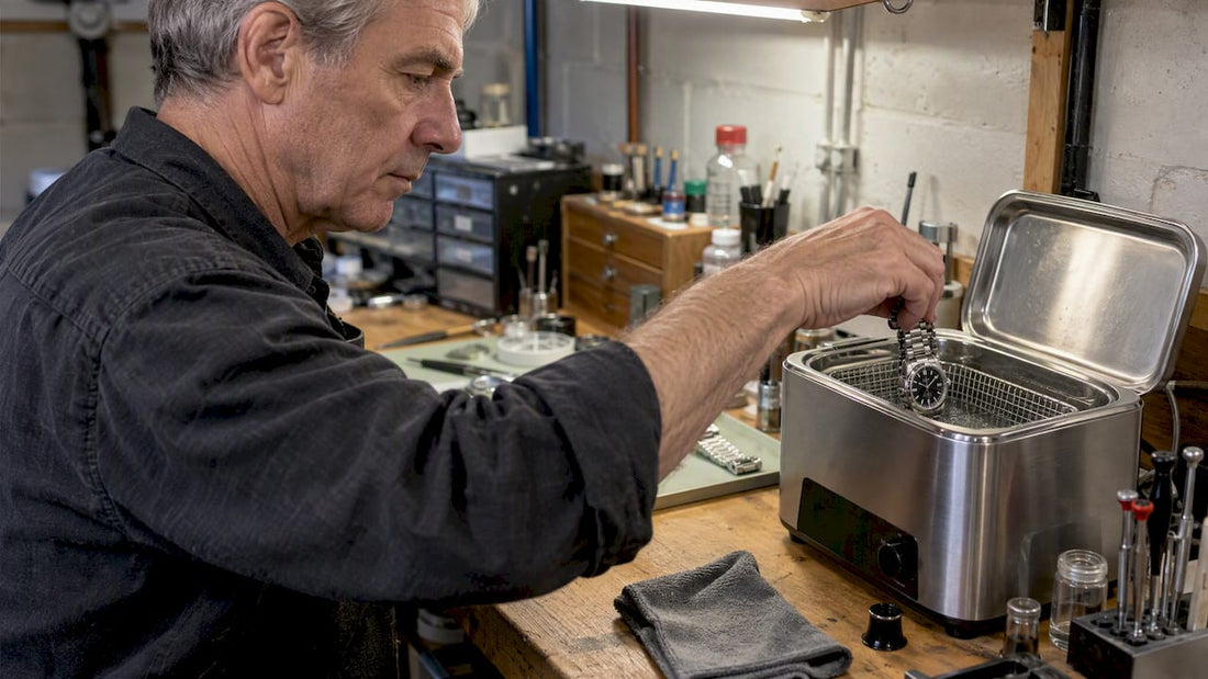 Collector placing watch in ultrasonic cleaner