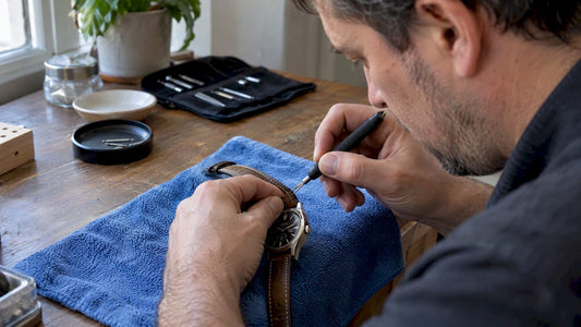 Collector carefully releasing a watch spring bar