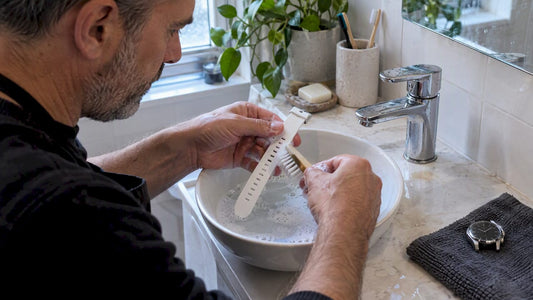 Collector gently rinsing a white rubber strap