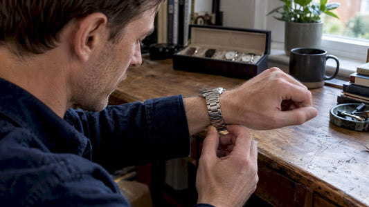 Hand flexing a steel watch bracelet